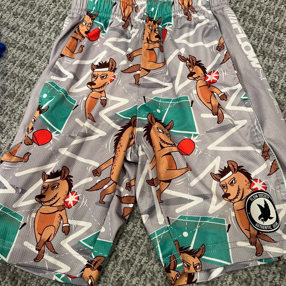 Glow Society Kids Gray Cartoon Wolf Shorts with Teal and Red Accents